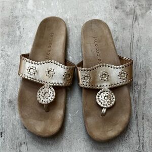 Jack Rogers Metallic Gold Floral-Stitched Leather Sandals